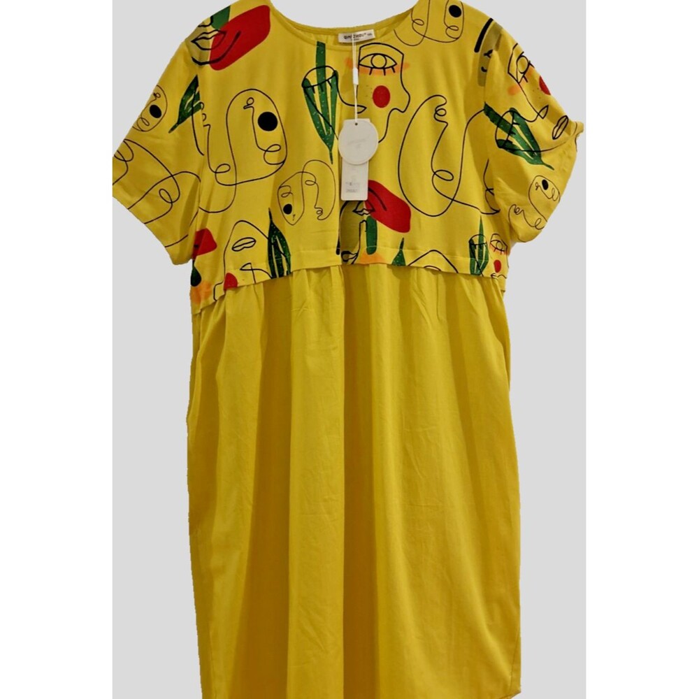 Womens 2XL Yellow Print Cotton House Dress Short Sleeve Casual Dress Boho Comfy